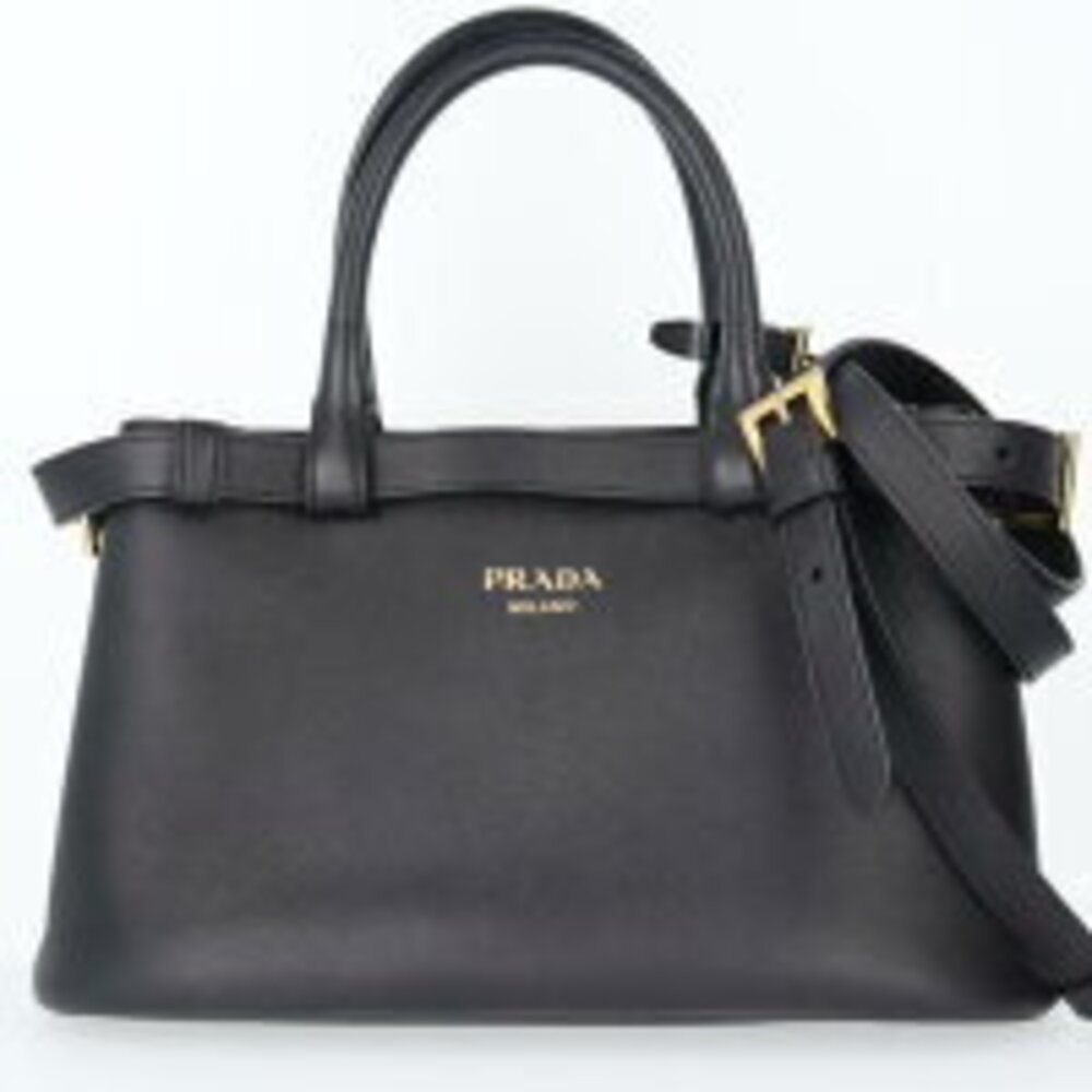 Prada Double Belt Soft Grain Leather Handbag Shoulder Bag Black h
